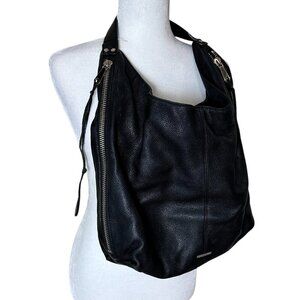 REBECCA MINKOFF Pebbled Black Leather Moto Purse Handbag with Zipper Details